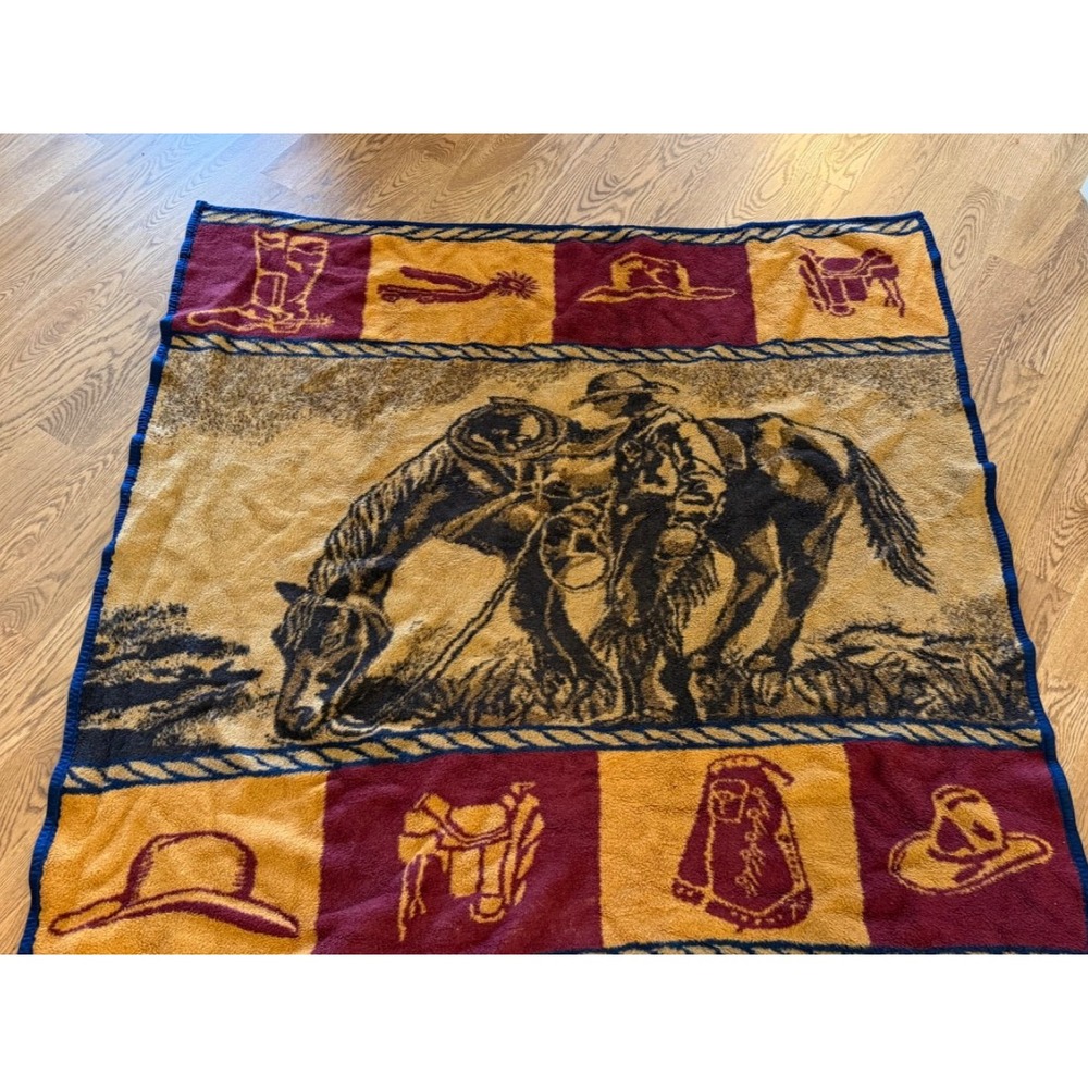 Vintage High Pile by San Marcos Cowboy Horse Western Reversible Blanket 57"x60"